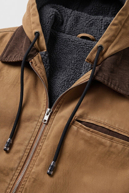 Casual Hooded Zip Front Jacket with Corduroy Collar for Winter