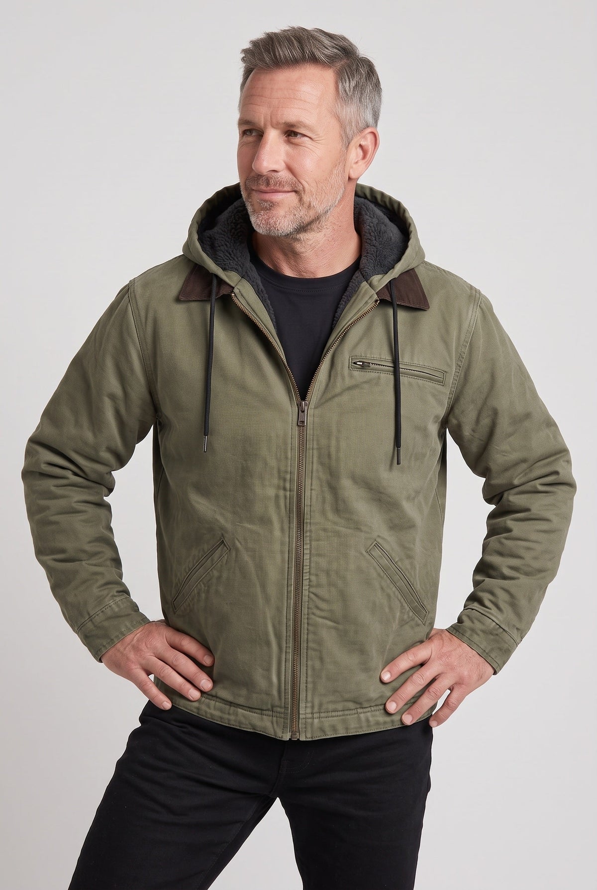 Casual Hooded Zip Front Jacket with Corduroy Collar for Winter
