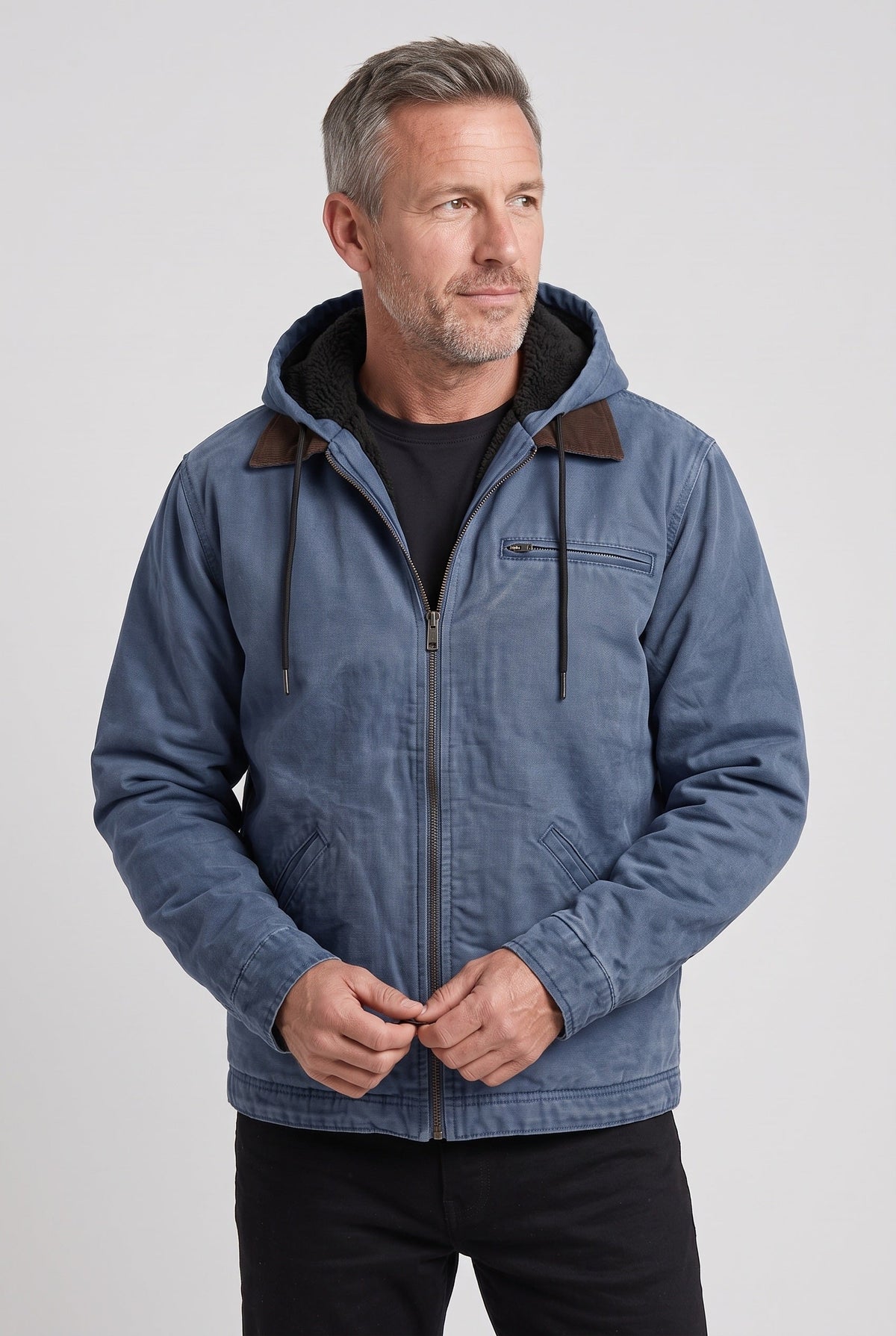Casual Hooded Zip Front Jacket with Corduroy Collar for Winter