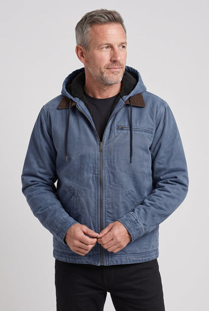 Casual Hooded Zip Front Jacket with Corduroy Collar for Winter