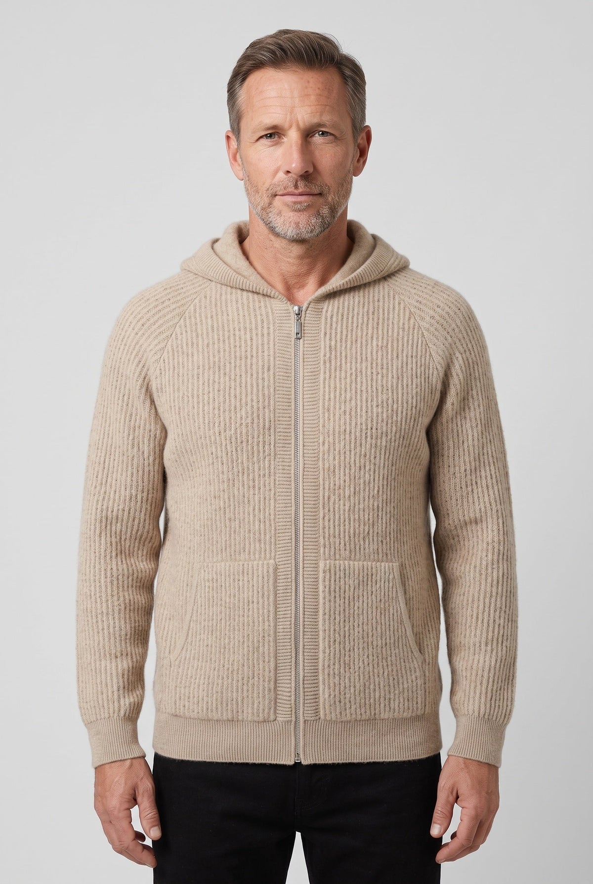 Casual Ribbed Knit Zip Up Hoodie