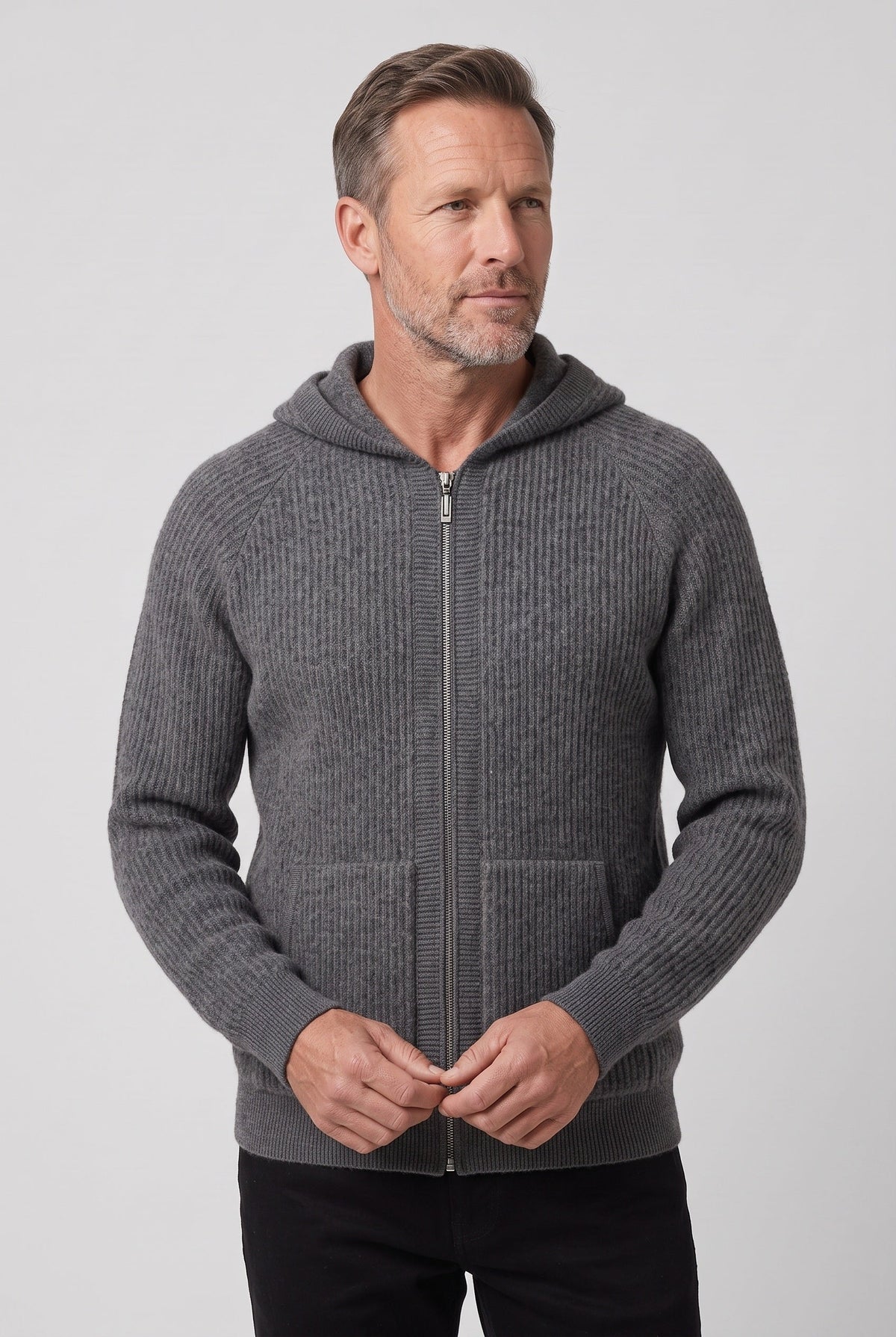 Casual Ribbed Knit Zip Up Hoodie