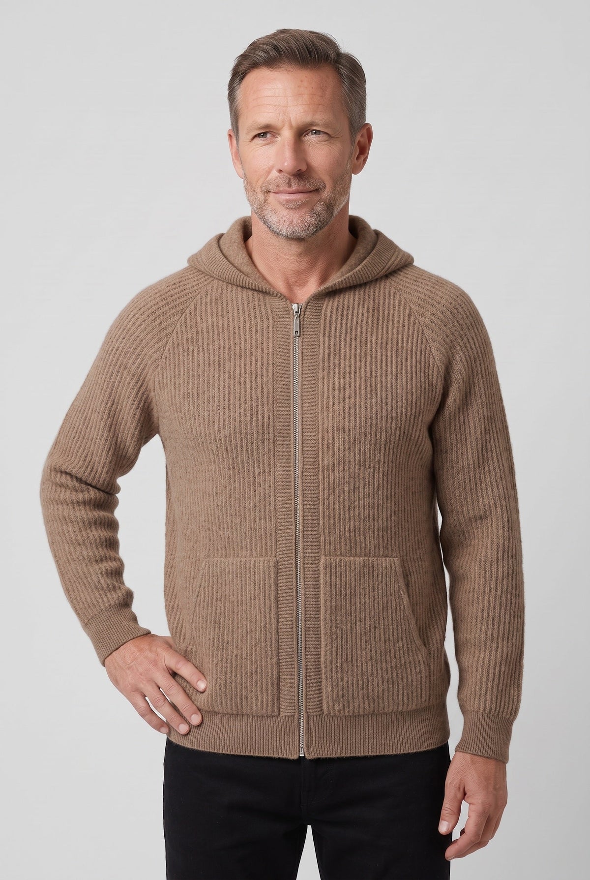 Casual Ribbed Knit Zip Up Hoodie