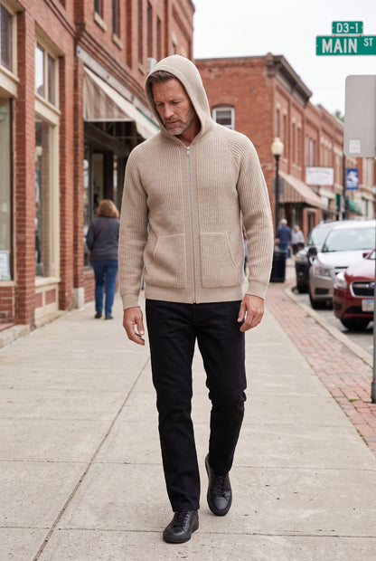 Casual Ribbed Knit Zip Up Hoodie