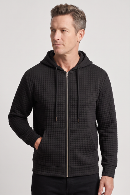 Casual Waffle Knit Zip-Up Hoodie with Front Pockets