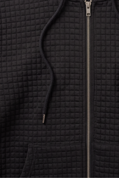 Casual Waffle Knit Zip-Up Hoodie with Front Pockets