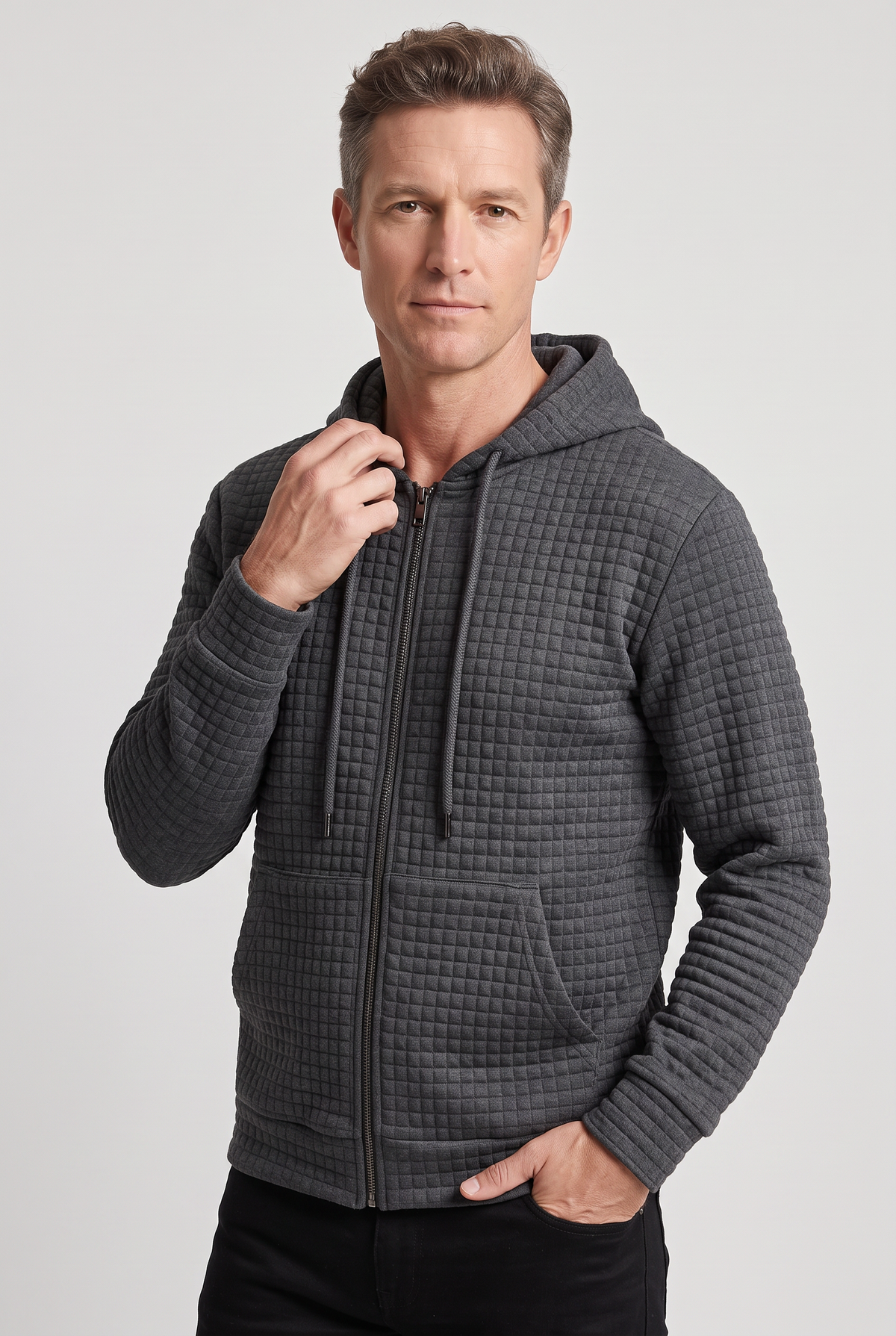 Casual Waffle Knit Zip-Up Hoodie with Front Pockets