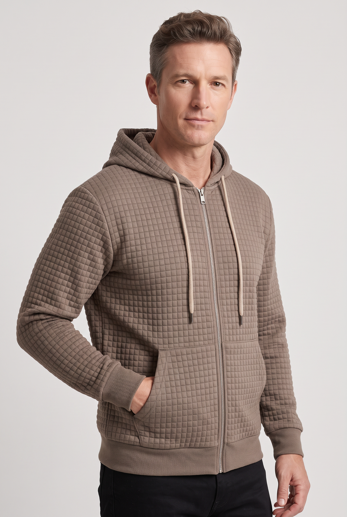 Casual Waffle Knit Zip-Up Hoodie with Front Pockets
