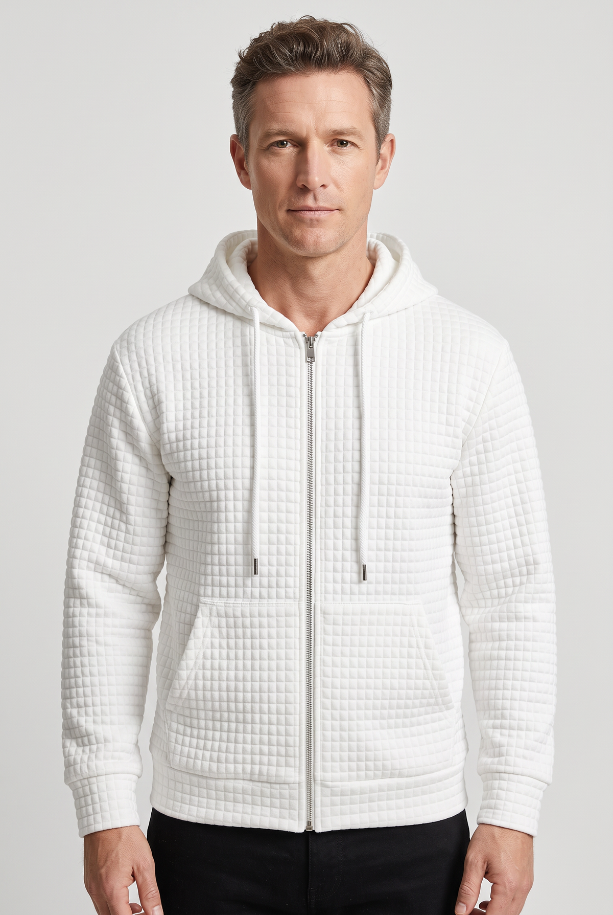 Casual Waffle Knit Zip-Up Hoodie with Front Pockets