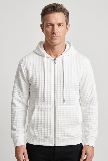 Casual Waffle Knit Zip-Up Hoodie with Front Pockets