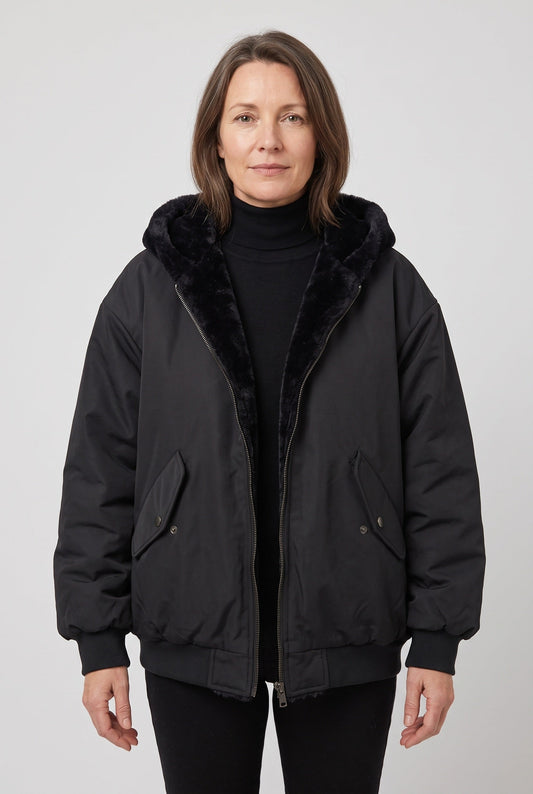 Casual Hooded Faux Fur Lined Bomber Jacket
