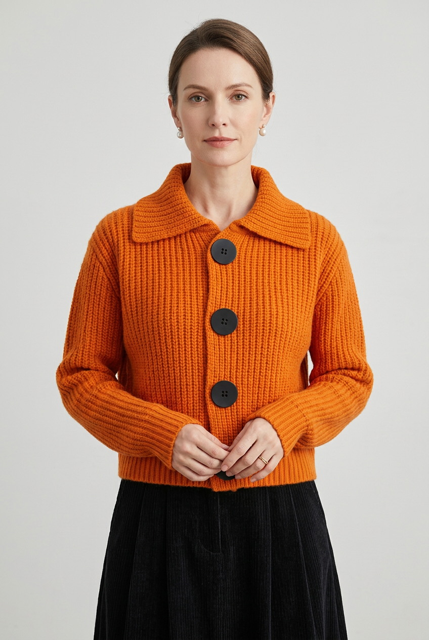 Casual Cropped Knit Cardigan with Point Collar and Buttons