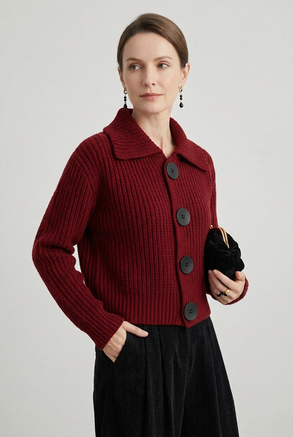 Casual Cropped Knit Cardigan with Point Collar and Buttons