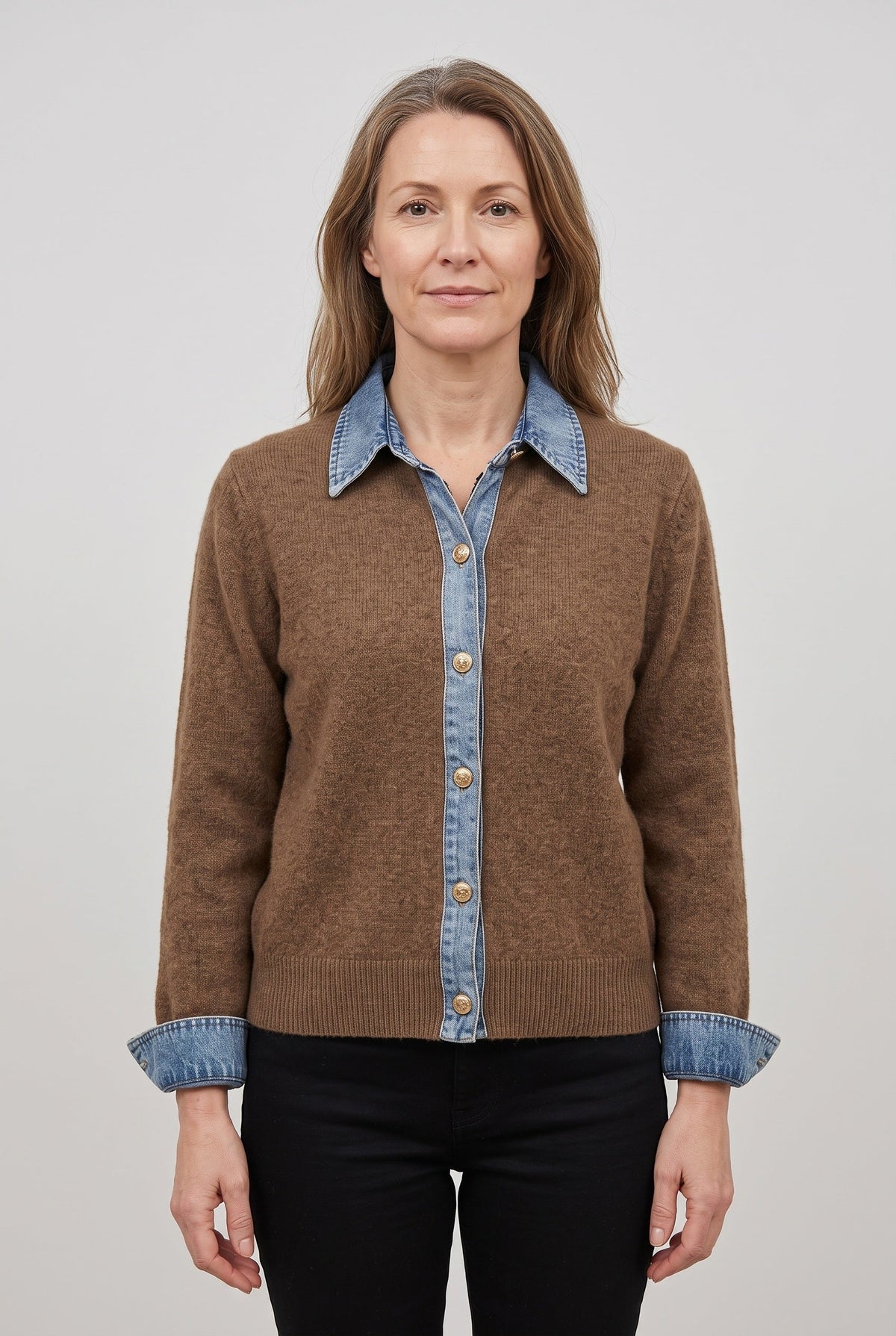 Casual Denim-Look Button Front Cardigan