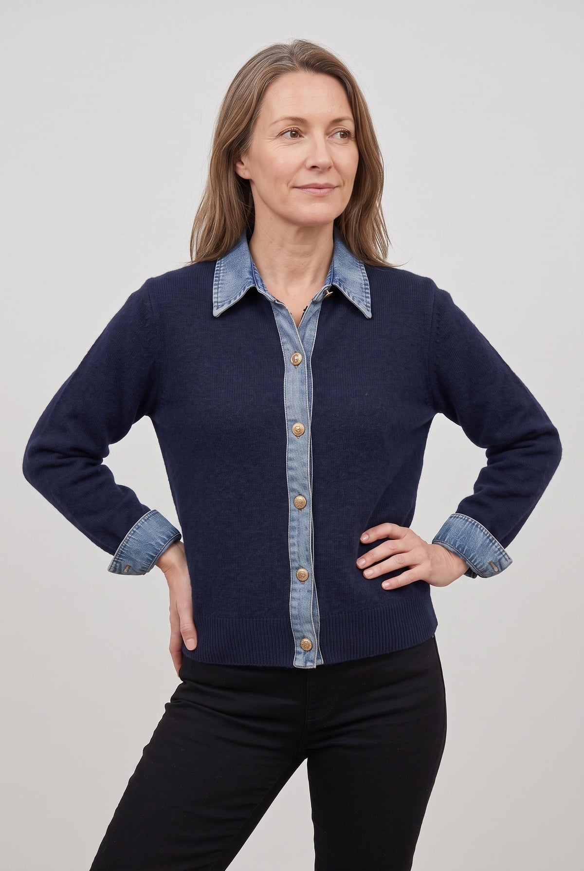 Casual Denim-Look Button Front Cardigan