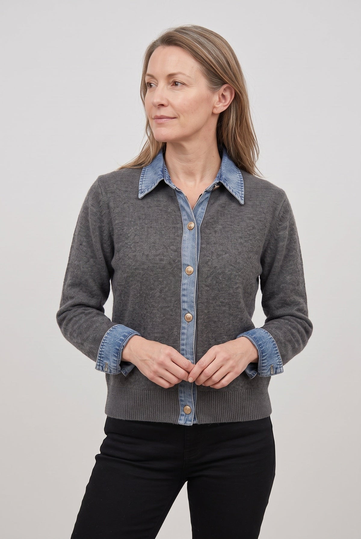 Casual Denim-Look Button Front Cardigan