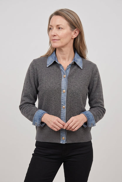 Casual Denim-Look Button Front Cardigan