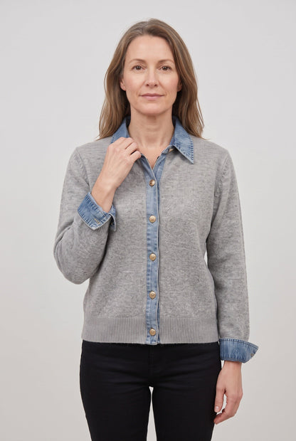 Casual Denim-Look Button Front Cardigan