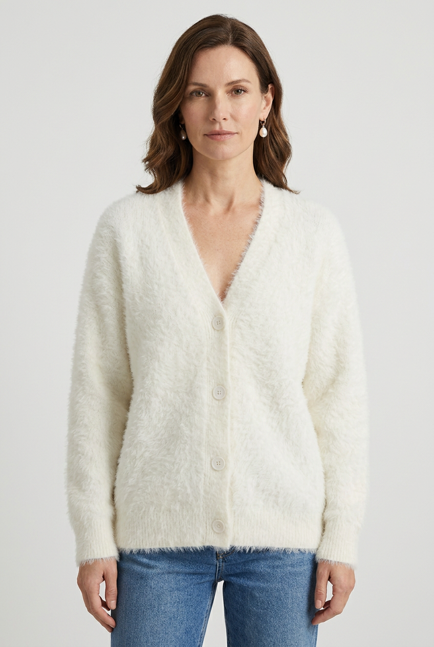 Cozy Fluffy Knit V-Neck Cardigan with Buttons