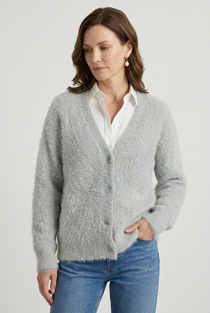 Cozy Fluffy Knit V-Neck Cardigan with Buttons