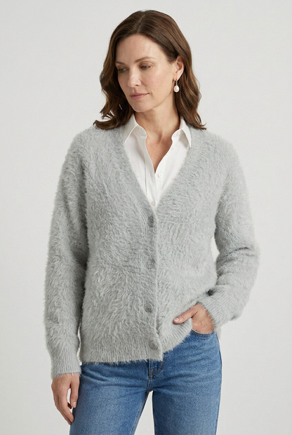 Cozy Fluffy Knit V-Neck Cardigan with Buttons
