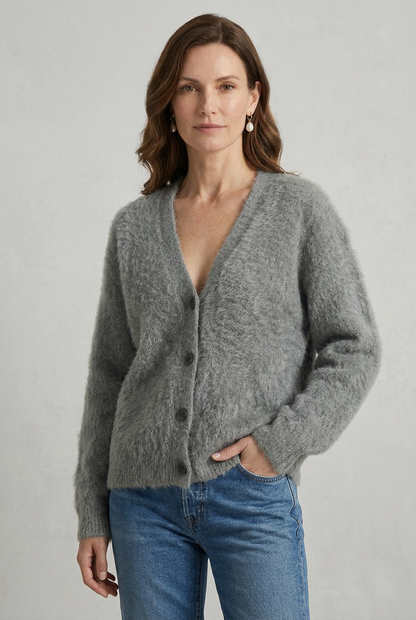 Cozy Fluffy Knit V-Neck Cardigan with Buttons