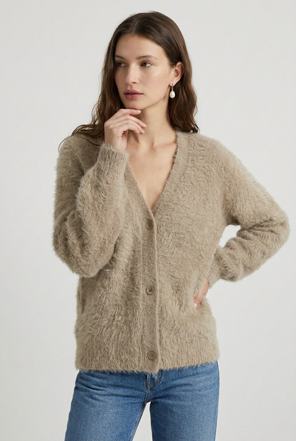 Cozy Fluffy Knit V-Neck Cardigan with Buttons
