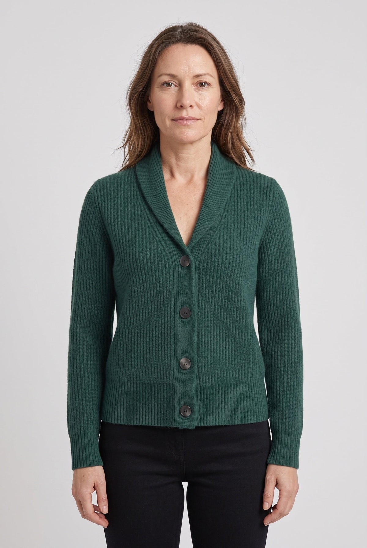 Classic Ribbed Knit Cardigan with Shawl Collar and Button Front