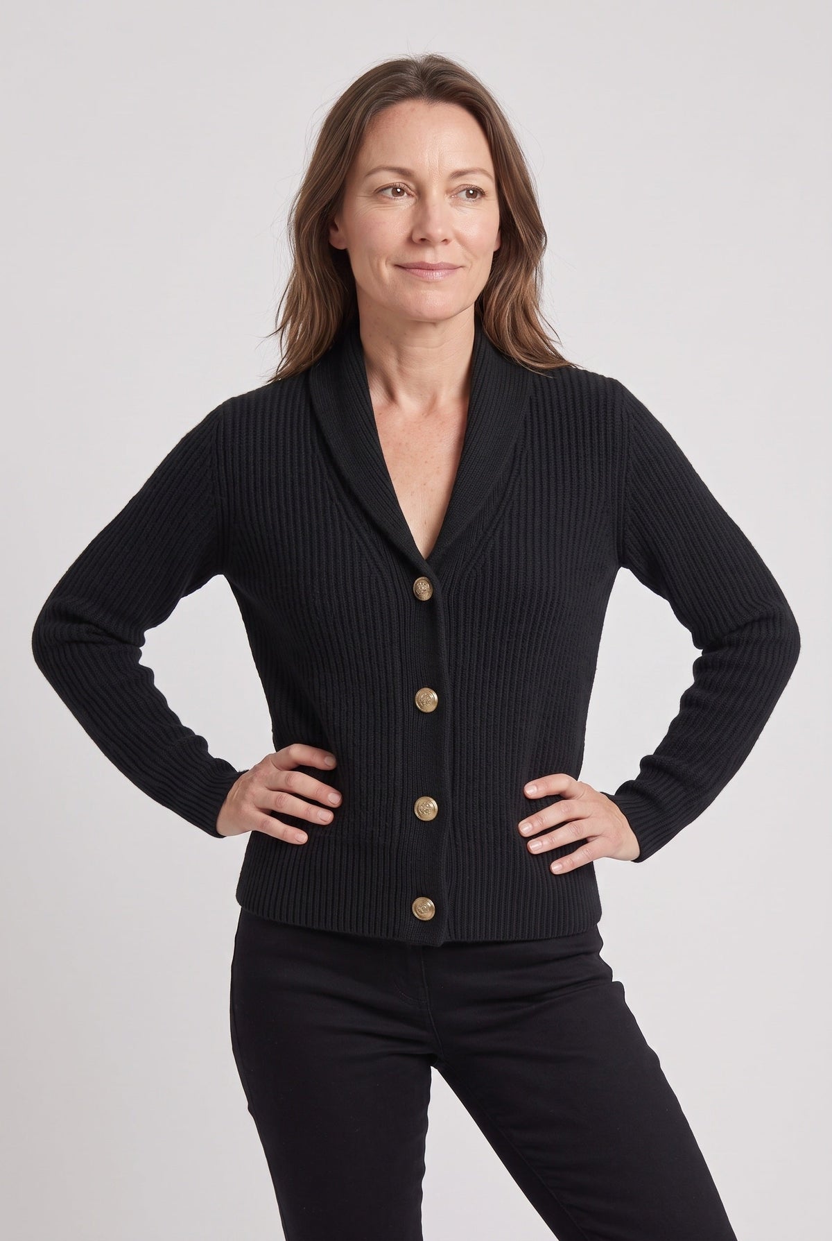 Classic Ribbed Knit Cardigan with Shawl Collar and Button Front