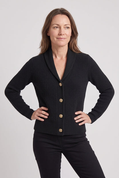 Classic Ribbed Knit Cardigan with Shawl Collar and Button Front