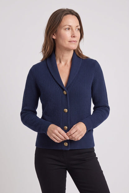 Classic Ribbed Knit Cardigan with Shawl Collar and Button Front