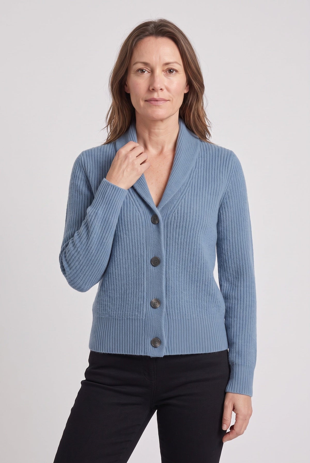 Classic Ribbed Knit Cardigan with Shawl Collar and Button Front