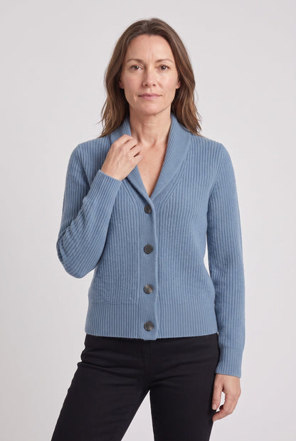 Classic Ribbed Knit Cardigan with Shawl Collar and Button Front