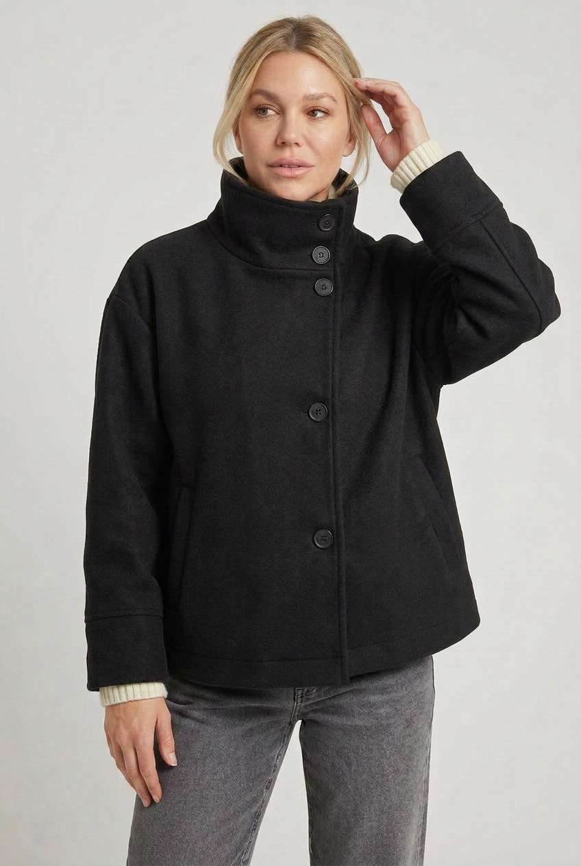 Classic Cropped Funnel Neck Coat with Asymmetric Button Closure