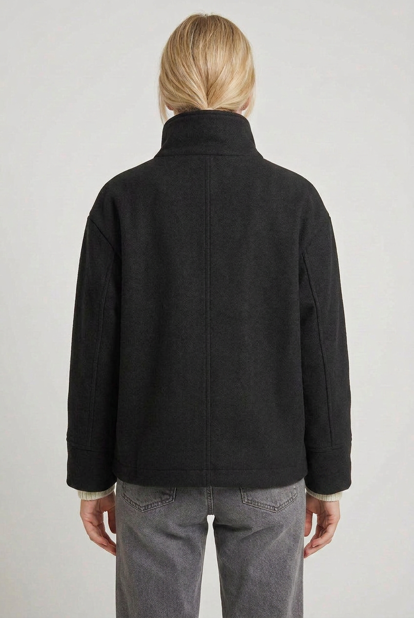 Classic Cropped Funnel Neck Coat with Asymmetric Button Closure