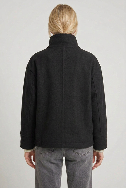 Classic Cropped Funnel Neck Coat with Asymmetric Button Closure