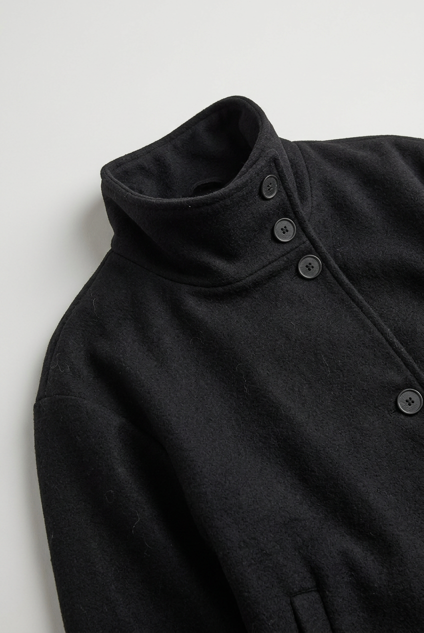 Classic Cropped Funnel Neck Coat with Asymmetric Button Closure