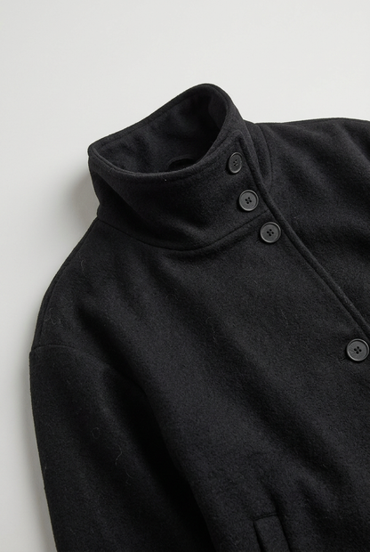 Classic Cropped Funnel Neck Coat with Asymmetric Button Closure