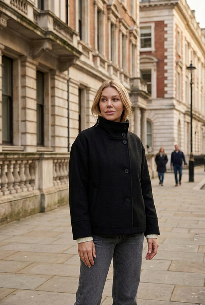 Classic Cropped Funnel Neck Coat with Asymmetric Button Closure