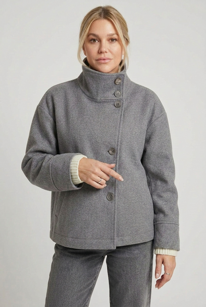 Classic Cropped Funnel Neck Coat with Asymmetric Button Closure