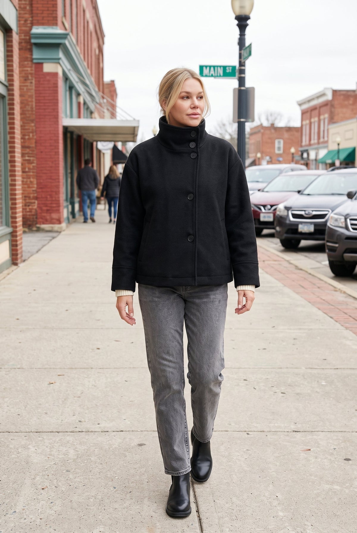 Classic Cropped Funnel Neck Coat with Asymmetric Button Closure