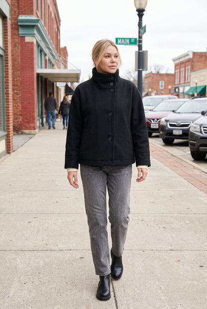 Classic Cropped Funnel Neck Coat with Asymmetric Button Closure