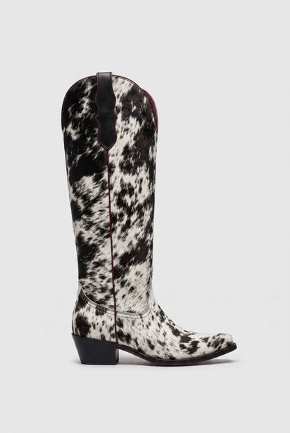 Classic Leather Knee High Cowboy Boots in White Cow Print
