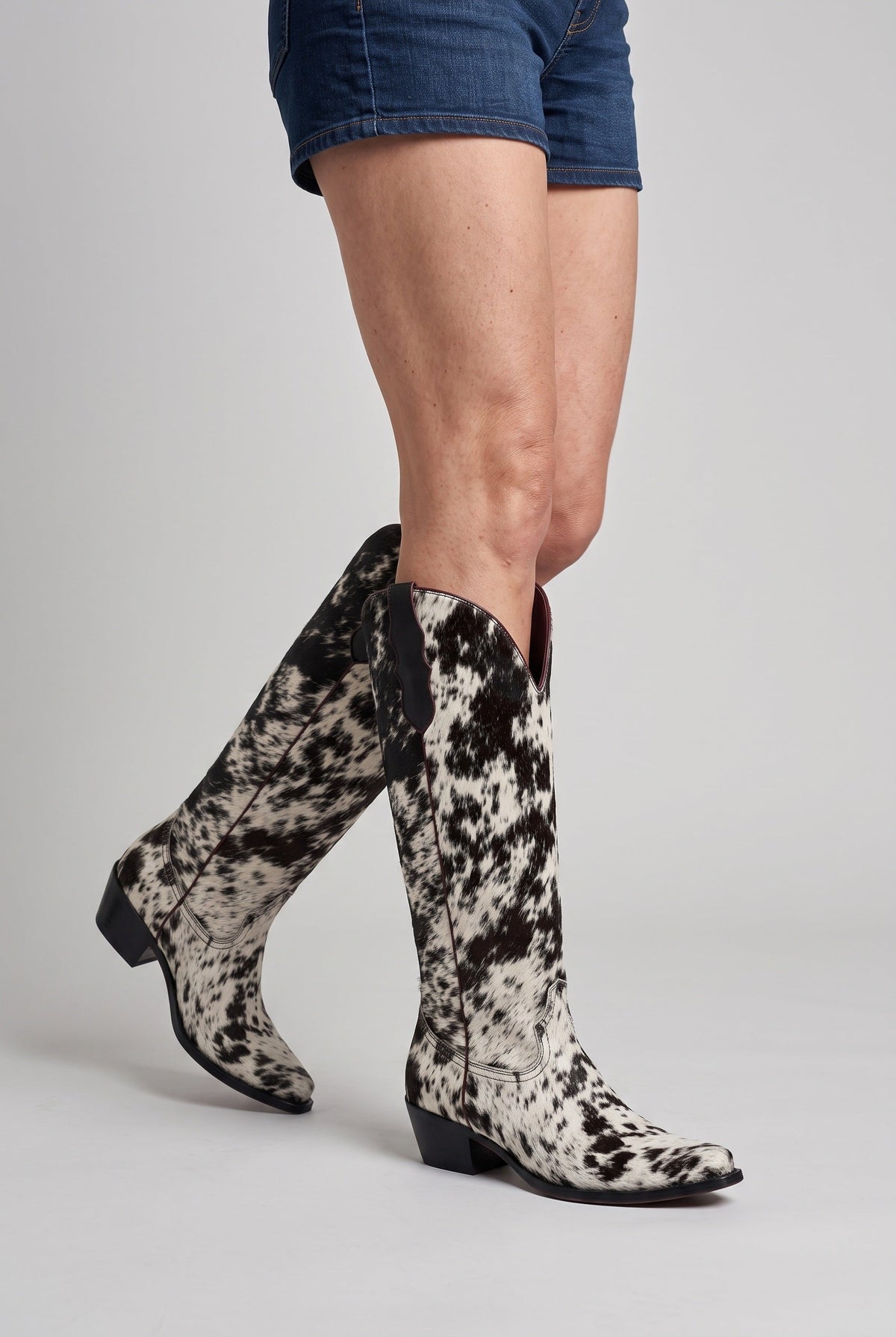 Classic Leather Knee High Cowboy Boots in White Cow Print