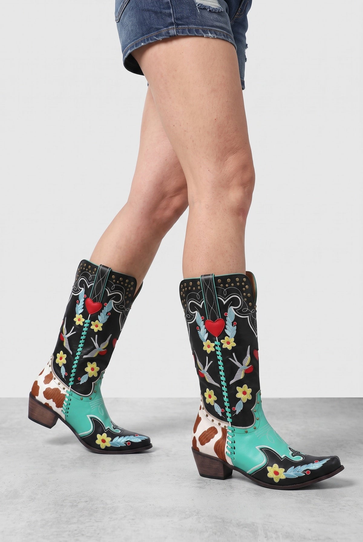 Classic Studded Leather Cowboy Boots with Snip Toe