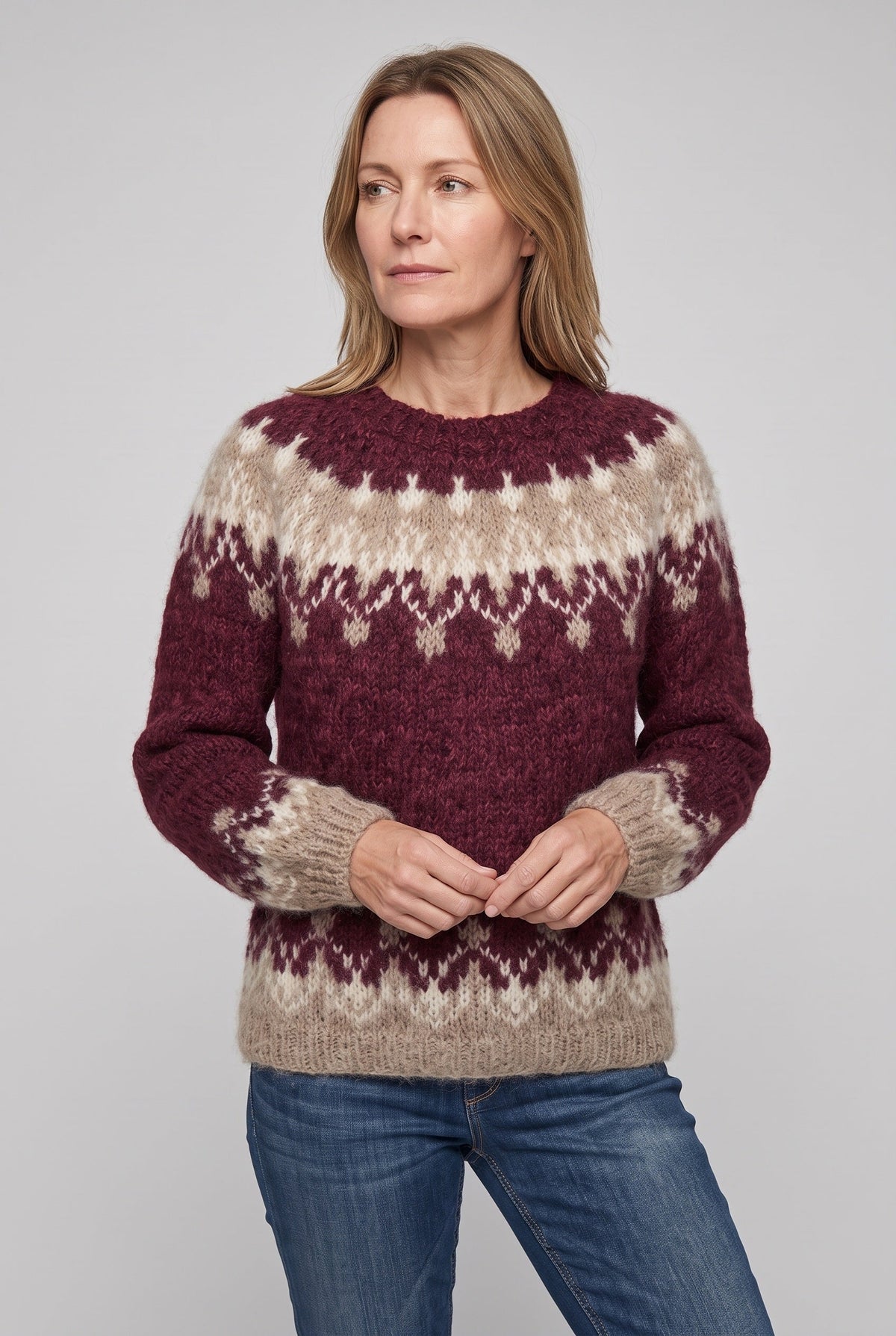 Classic Fair Isle Wool Sweater with Snowflake Yoke and Banded Cuffs