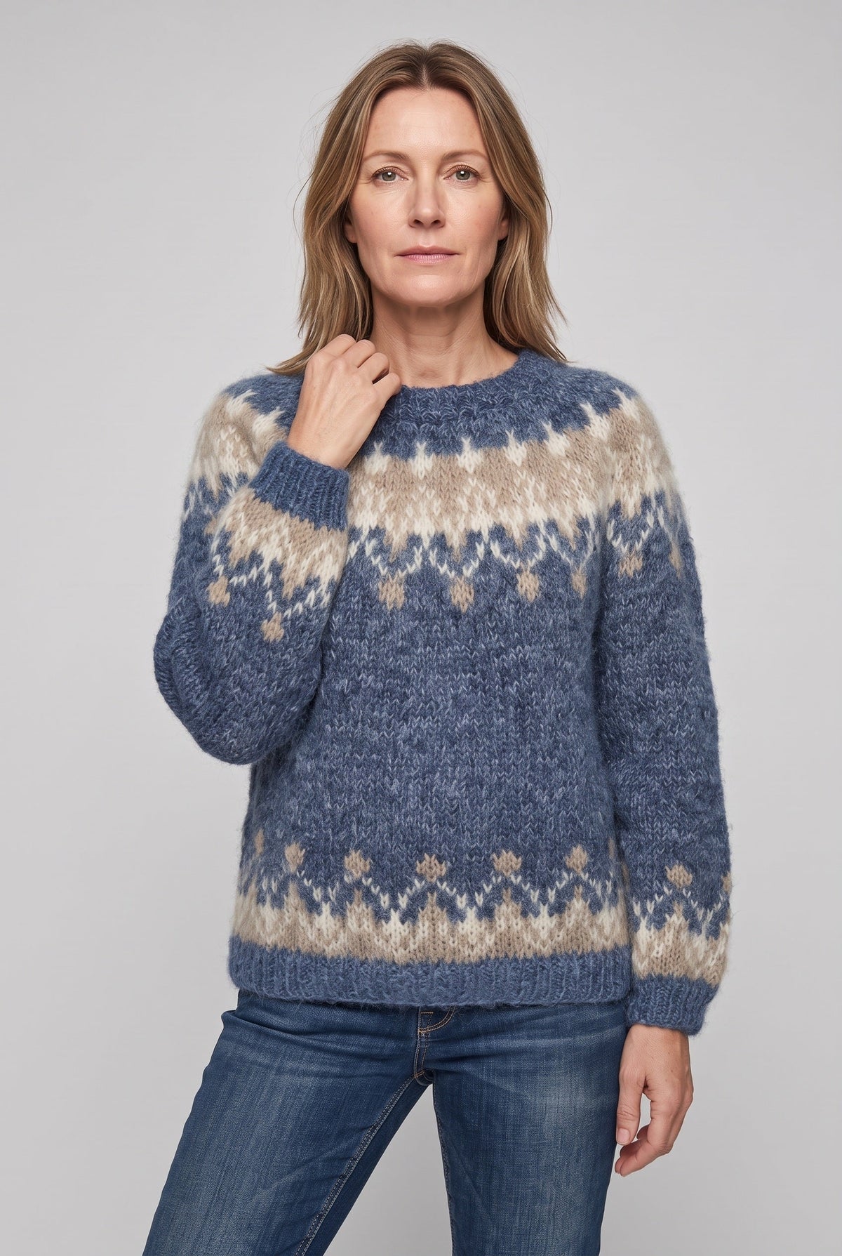 Classic Fair Isle Wool Sweater with Snowflake Yoke and Banded Cuffs