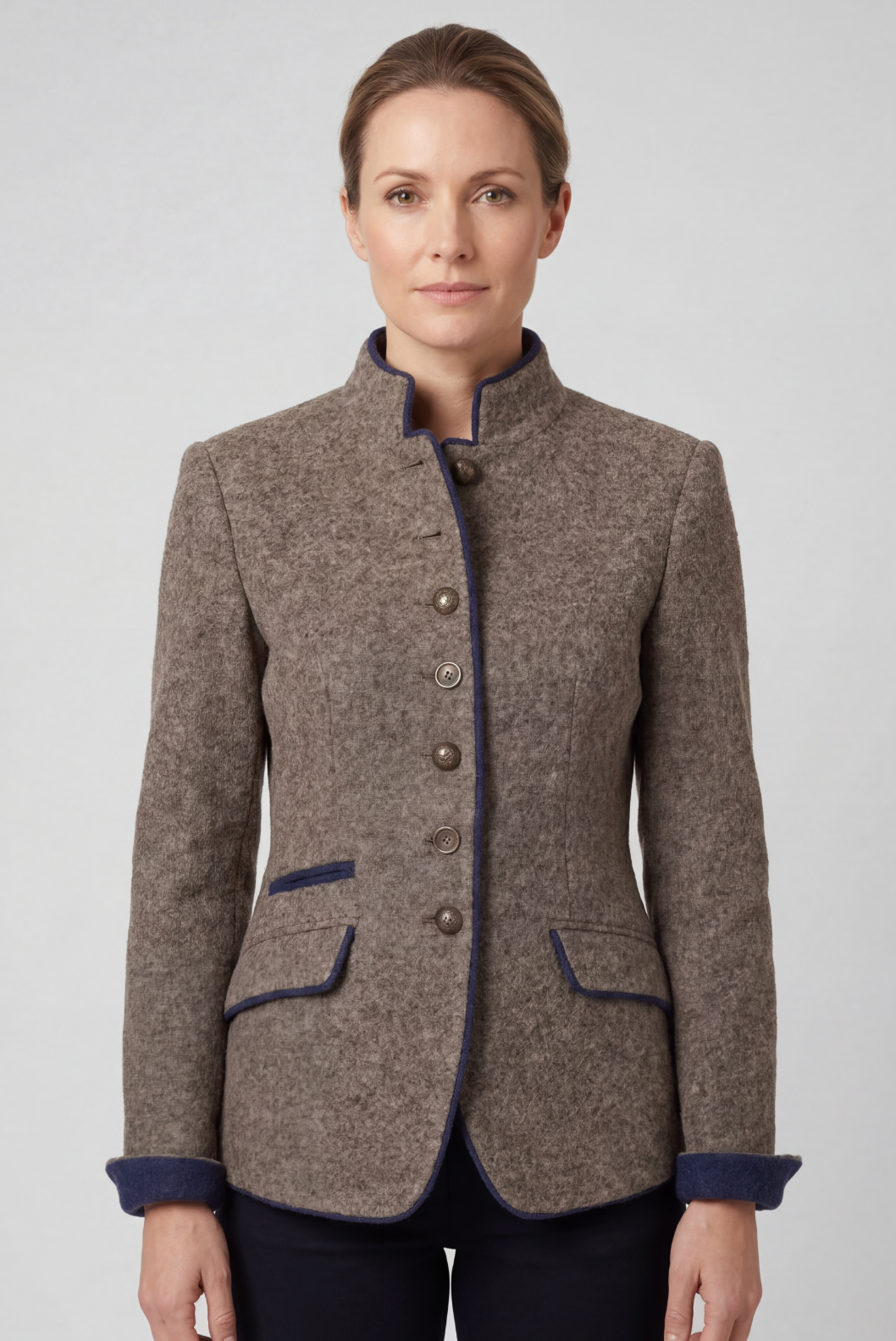 Classic Tweed-Look Stand Collar Blazer Jacket in Taupe
