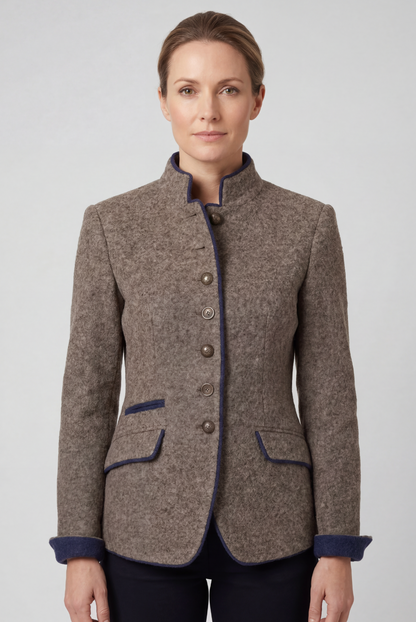 Classic Tweed-Look Stand Collar Blazer Jacket in Taupe