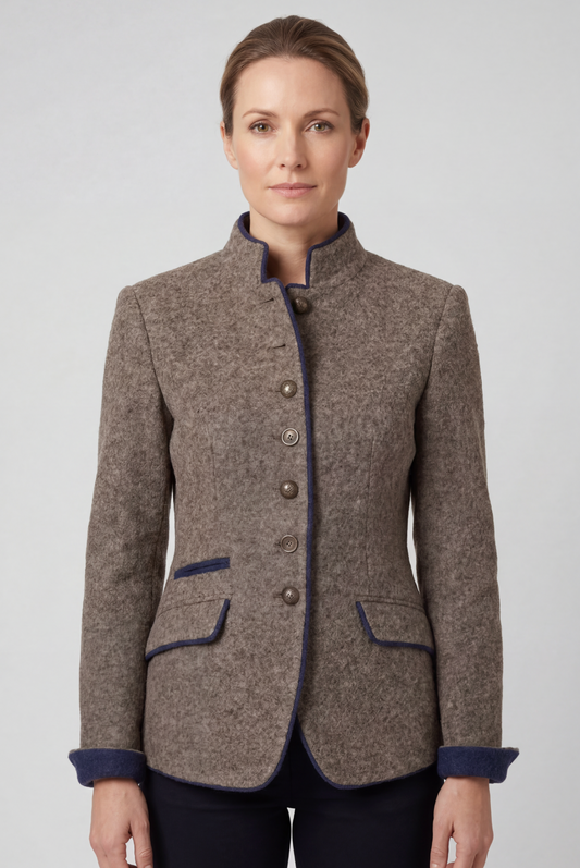 Classic Tweed-Look Stand Collar Blazer Jacket in Taupe